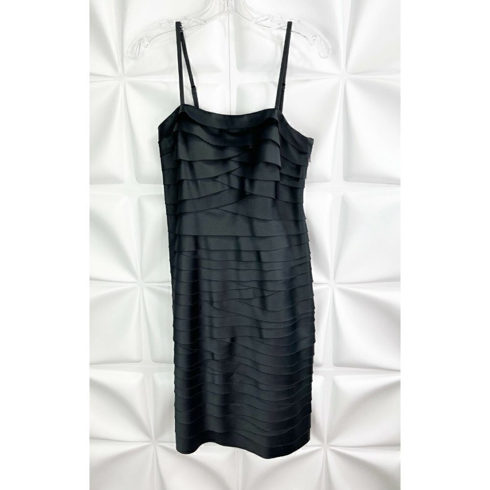White House Black Market Sz 2 Black Tiered Shutter Satin Sheath Dress Stretch xs